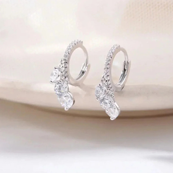 925 Sterling Silver Hoop Diamond Drop Earrings - Picture 2 of 7